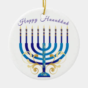 Ornamento De Cerâmica Feliz Hanukkah menorah velas amarelas de ouro