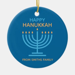 Ornamento De Cerâmica Feliz Hanukkah Minimalista Azul Foto de Família