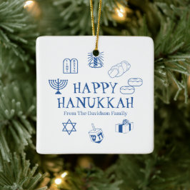 Ornamento De Cerâmica Feliz Hanukkah, nome de família personalizado azul