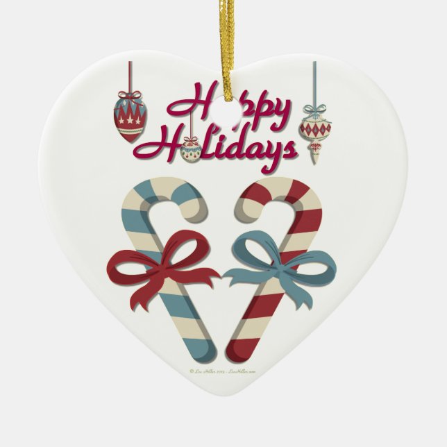 Ornamento De Cerâmica Feliz Holidays Candy Cane Heart (Frente)