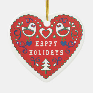 Ornamento De Cerâmica Feliz Holidays Red Folk Art Heart