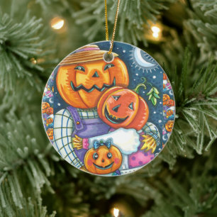 ORNAMENTO DE CERÂMICA FELIZ JACK O LANTERN FAMÍLIA, COLORIDA E CORTA