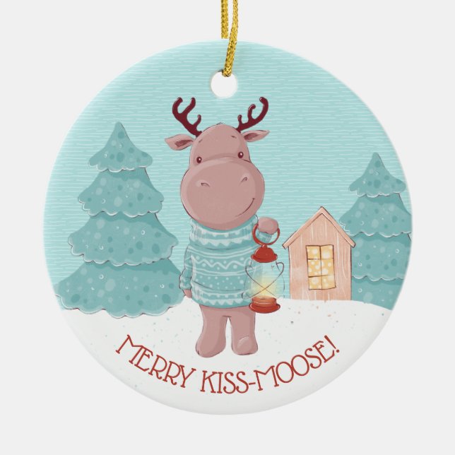 Ornamento De Cerâmica Feliz Kiss Moose (Frente)