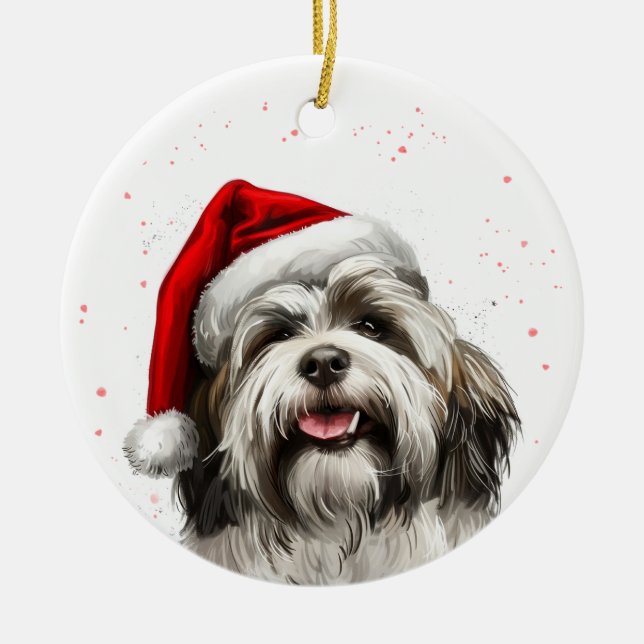 Ornamento De Cerâmica Feliz Lhasa Apso Cachorro Natal Personalizado (Frente)