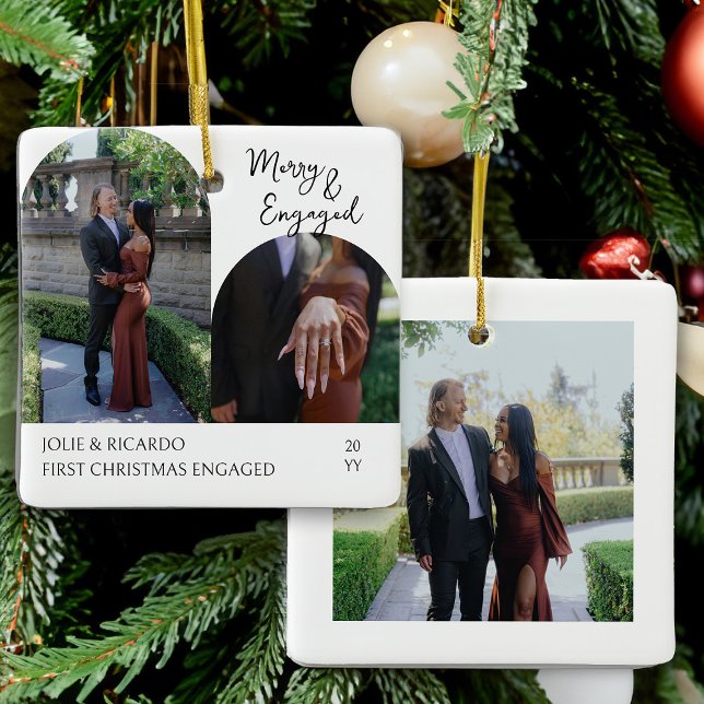 Ornamento De Cerâmica Feliz manuscrita e foto do arco acionado (Merry & Engaged Photo Christmas Ornament by Darling & May)