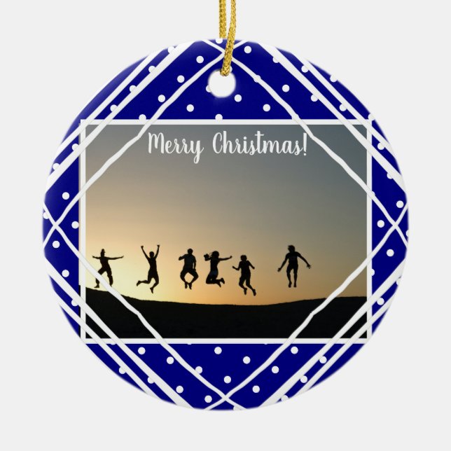 Ornamento De Cerâmica Feliz Marinho de Natal - Foto Moderna Branca (Frente)