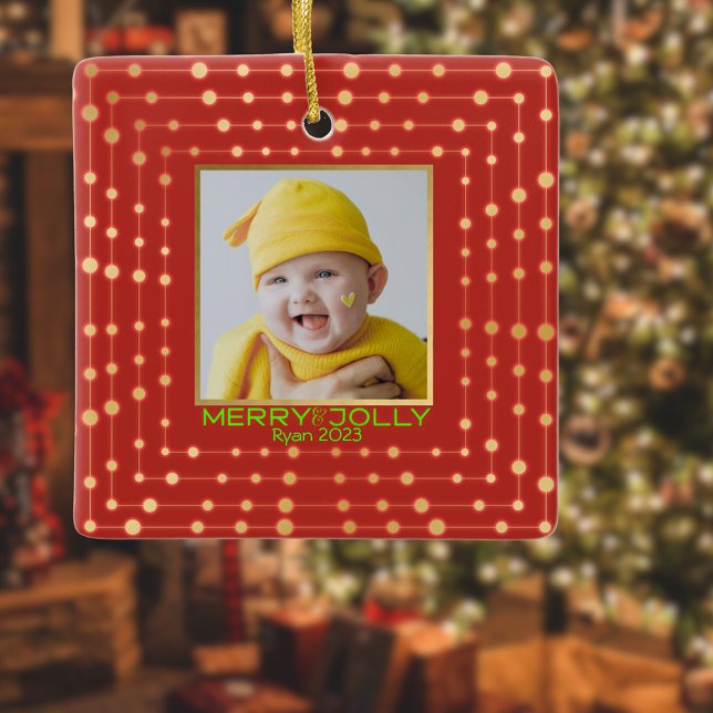 Ornamento De Cerâmica Feliz moderna de fotos do feriado vermelho (Criador carregado)