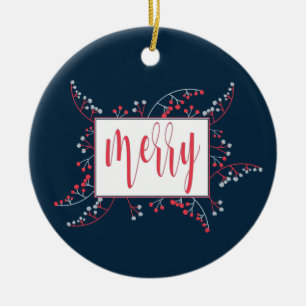 Ornamento De Cerâmica Feliz moderna - framboesas vermelhas - Natal