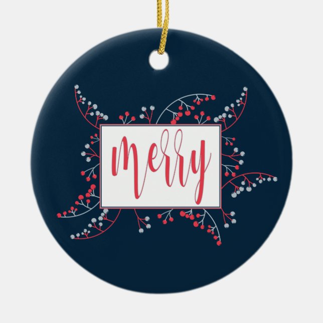 Ornamento De Cerâmica Feliz moderna - framboesas vermelhas - Natal (Frente)