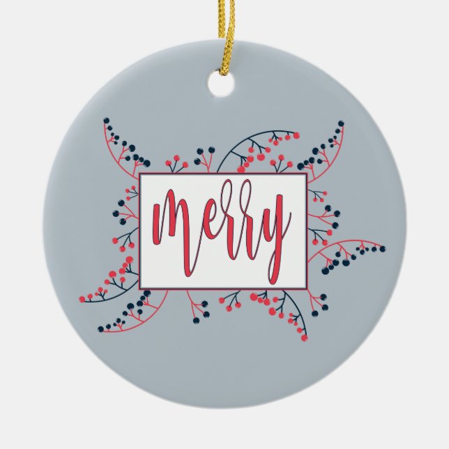 Ornamento De Cerâmica Feliz moderna - framboesas vermelhas - Natal (Frente)