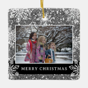 Ornamento De Cerâmica Feliz Natal 2 Foto Glitter Prata Flocos de Neve