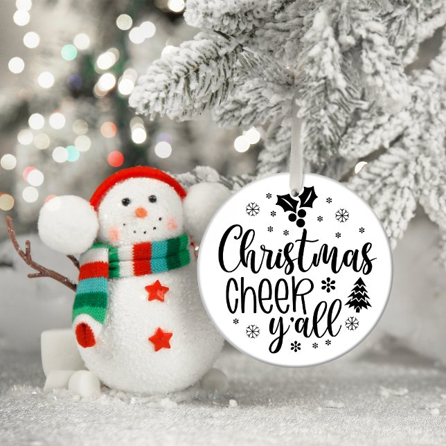 Ornamento De Cerâmica Feliz Natal a vocês (Christmas Cheerr Y'all Christmas ornament with a Sante next to)