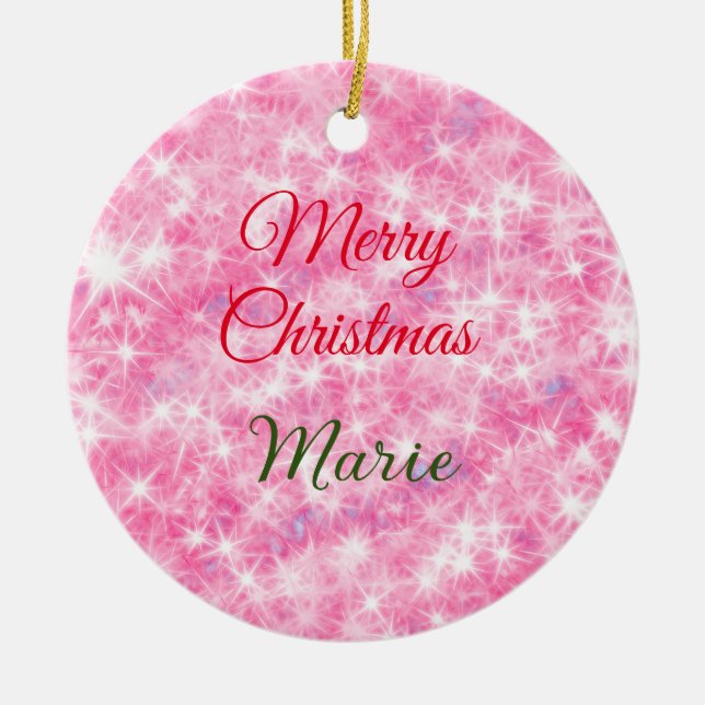 Ornamento De Cerâmica Feliz Natal adiciona nome vermelho brilho (Frente)