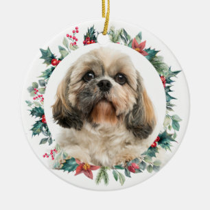 Ornamento De Cerâmica Feliz Natal Berries Pet Dog Foto Personalizada