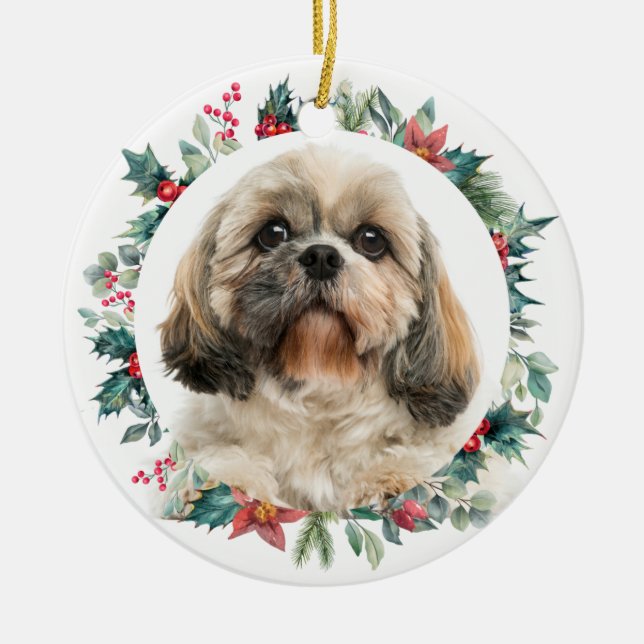 Ornamento De Cerâmica Feliz Natal Berries Pet Dog Foto Personalizada (Frente)