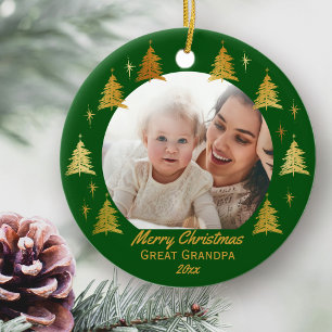 Ornamento De Cerâmica Feliz Natal Bisavô Verde e Dourado Foto