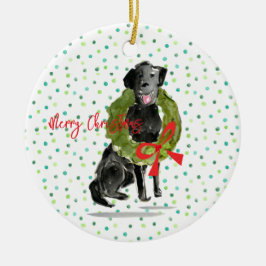 Ornamento De Cerâmica Feliz Natal Black Lab Dog Wreath Holly Family