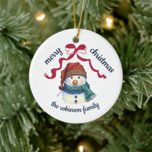 Ornamento De Cerâmica Feliz Natal Boneco de Neve Nome da Família Ano