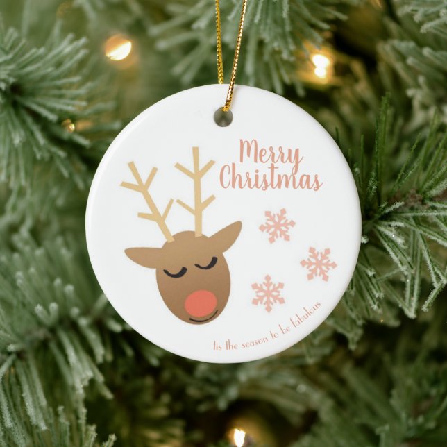 Ornamento De Cerâmica Feliz Natal, Bonita Reindeer Rosa Dourada (Árvore)