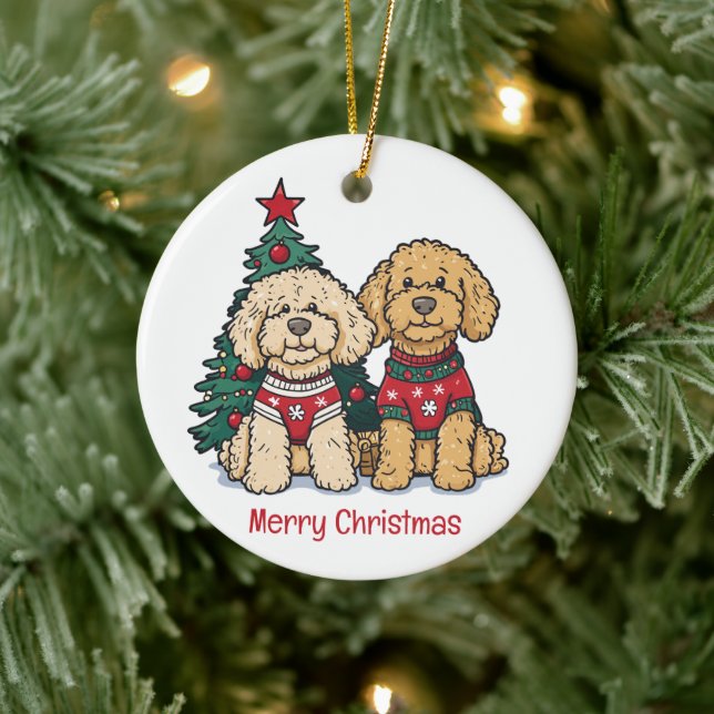 Ornamento De Cerâmica Feliz Natal Cachorros de Goldendoodle (Árvore)