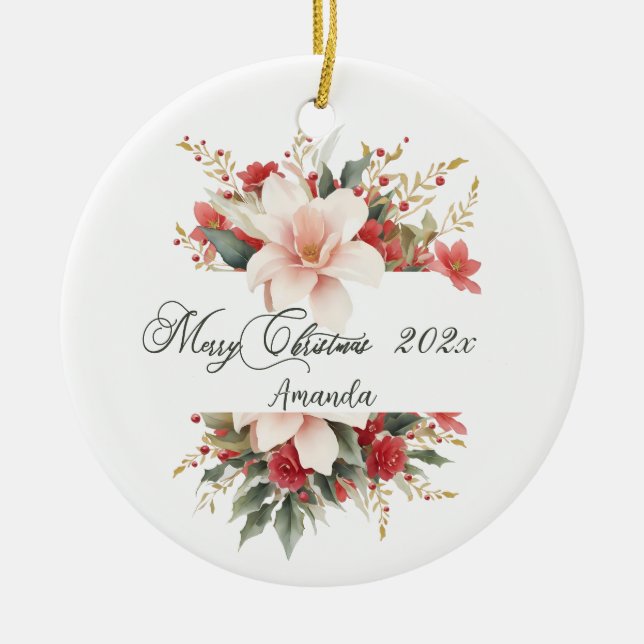 Ornamento De Cerâmica Feliz Natal Caligrafia Aquarela Floral (Frente)