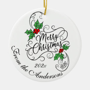 Ornamento De Cerâmica Feliz Natal Caligrafia de Azevinho Saudação de Fer