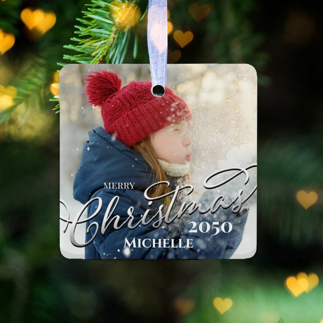 Ornamento De Cerâmica Feliz Natal Caligrafia Marinho Azul Xadrez Foto (Merry Christmas holiday silver calligraphy script photo ceramic square ornament)