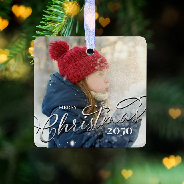 Ornamento De Cerâmica Feliz Natal Caligrafia Marinho Azul Xadrez Foto (Merry Christmas holiday silver calligraphy script photo ceramic square ornament)
