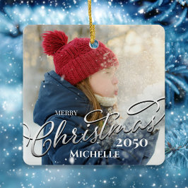 Ornamento De Cerâmica Feliz Natal Caligrafia Marinho Azul Xadrez Foto