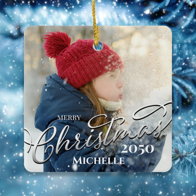 Ornamento De Cerâmica Feliz Natal Caligrafia Marinho Azul Xadrez Foto (Merry Christmas holiday silver calligraphy script photo ceramic square ornament)