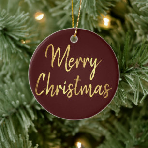 Ornamento De Cerâmica Feliz Natal Caligrafia moderna vermelha e Dourad