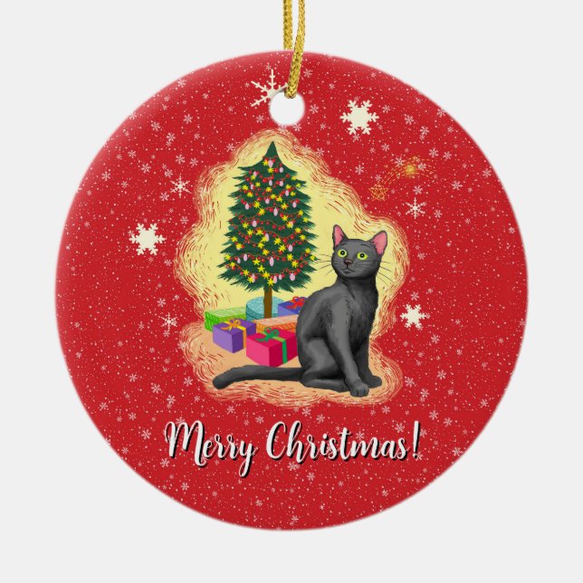 Ornamento De Cerâmica Feliz Natal Cat (Frente)