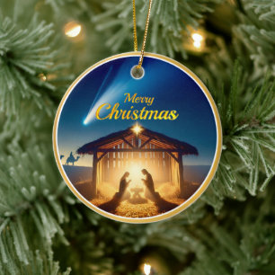 Ornamento De Cerâmica Feliz Natal Cena de Natal Estrela Azul e Dourada
