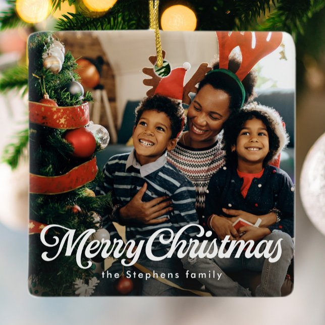 Ornamento De Cerâmica Feliz Natal clássico e simples feriado fotográfico (Criador carregado)