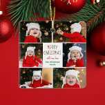 Ornamento De Cerâmica Feliz Natal Colagem de Fotos Belo Personalizado<br><div class="desc">Este adorável e moderno ornamento de Feliz Natal apresenta um layout clássico de 6 fotos da família em um fundo branco com bonito tipografia vermelha e verde. Este belo presente de decoração fotográfico para crianças apresenta a colagem fotográfica do seu próprio filho em volta da sua mensagem festiva e do...</div>