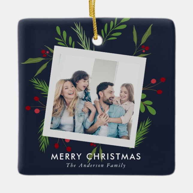 Ornamento De Cerâmica Feliz Natal Colagem Personalizada Holly Moderna (Frente)