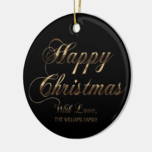 Ornamento De Cerâmica Feliz Natal com Amor Adicione Nome Preto e Dourado (Esquerda)