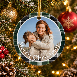 Ornamento De Cerâmica Feliz Natal com Foto da Família em Xadrez Verde Gi