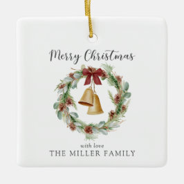 Ornamento De Cerâmica Feliz Natal, coroa de folhagem com sinos de ouro