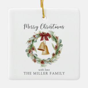 Ornamento De Cerâmica Feliz Natal, coroa de folhagem com sinos de ouro