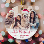 Ornamento De Cerâmica Feliz Natal da família Elegant Red Script<br><div class="desc">Elegante Moderno Mão Vermelha com Letra Script "Family Name" Feliz Ornament de Foto de Natal. Apresenta uma fotografia de família, texto de caligrafia de "nome de família" em script manuscrito, com texto Feliz Natal e cobertura de fotos de ano (em vermelho e branco). É fácil personalizá-lo. Dica da foto: recorte...</div>