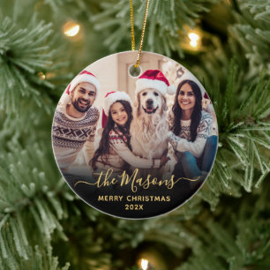Ornamento De Cerâmica Feliz Natal da família Elegante Dourada Script