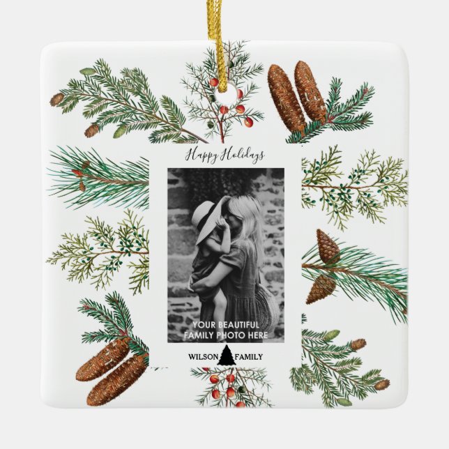 Ornamento De Cerâmica Feliz Natal da família Feriados (Frente)