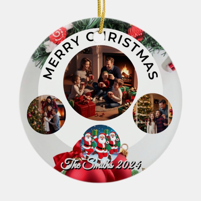 Ornamento De Cerâmica Feliz Natal da família moderna (Frente)