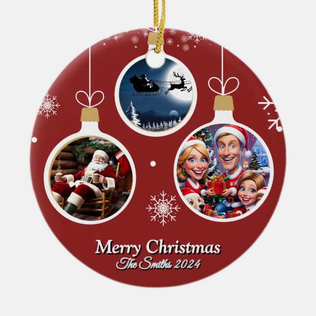 Ornamento De Cerâmica Feliz Natal da família moderna (Frente)