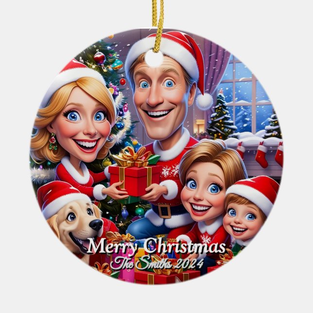 Ornamento De Cerâmica Feliz Natal da família moderna (Frente)