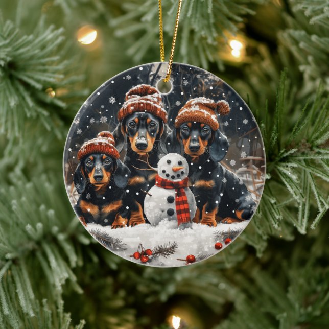 Ornamento De Cerâmica Feliz Natal Dachshund Dogs Snowman (Árvore)