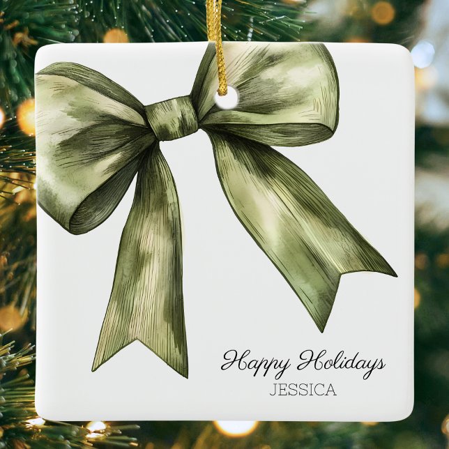 Ornamento De Cerâmica Feliz Natal de Arco Verde de Aquarela (Happy Holidays Green Watercolor Bow Christmas Ceramic Ornament)