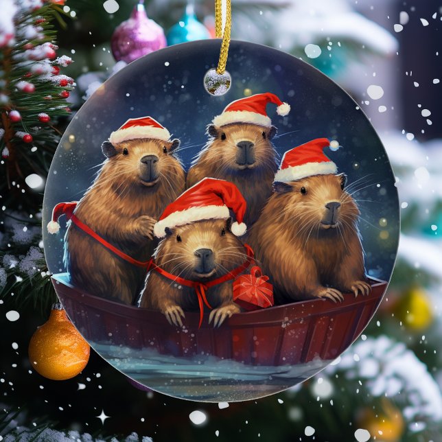 Ornamento De Cerâmica Feliz Natal de Capybara (Criador carregado)