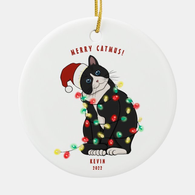 Ornamento De Cerâmica Feliz Natal de Feliz Personalizada CatMus Engraçad (Frente)
